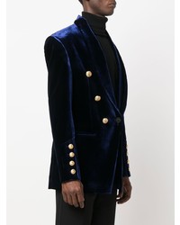 Мужской темно-синий бархатный двубортный пиджак от Balmain