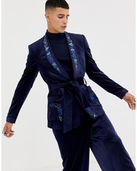 Темно-синий бархатный пиджак с цветочным принтом