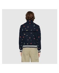 Мужской темно-синий бомбер с принтом от Gucci