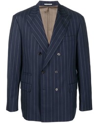 Мужской темно-синий двубортный пиджак в вертикальную полоску от Brunello Cucinelli