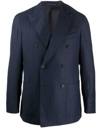 Мужской темно-синий двубортный пиджак в вертикальную полоску от Caruso