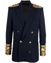 Мужской темно-синий двубортный пиджак с вышивкой от Balmain