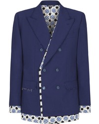 Мужской темно-синий двубортный пиджак с принтом от Dolce & Gabbana