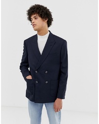 Мужской темно-синий двубортный пиджак от ASOS DESIGN