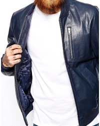 Мужской темно-синий кожаный бомбер от Asos