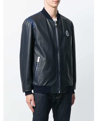 Мужской темно-синий кожаный бомбер от Billionaire