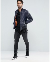 Мужской темно-синий кожаный бомбер от Schott