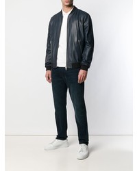 Мужской темно-синий кожаный бомбер от Drome