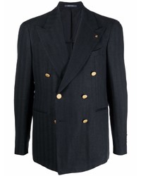 Мужской темно-синий льняной двубортный пиджак в вертикальную полоску от Tagliatore