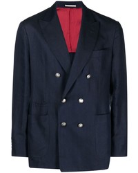Мужской темно-синий льняной двубортный пиджак от Brunello Cucinelli