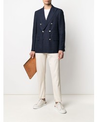 Мужской темно-синий льняной двубортный пиджак от Lardini