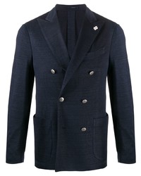 Мужской темно-синий льняной двубортный пиджак от Lardini