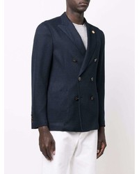 Мужской темно-синий льняной двубортный пиджак от Lardini