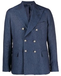 Мужской темно-синий льняной двубортный пиджак от Reveres 1949