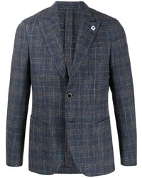 Мужской темно-синий льняной пиджак в шотландскую клетку от Lardini