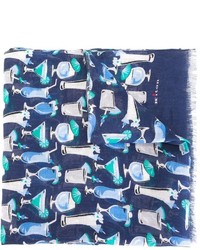 Мужской темно-синий льняной шарф с принтом от Kiton