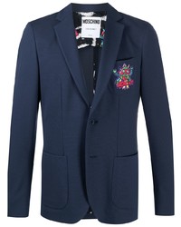 Мужской темно-синий пиджак с вышивкой от Moschino