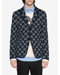 Мужской темно-синий пиджак с принтом от Gucci