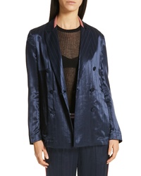 Темно-синий сатиновый двубортный пиджак в вертикальную полоску