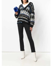Женский темно-синий свитер с v-образным вырезом с принтом от Oneonone