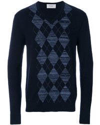 Темно-синий свитер с v-образным вырезом с ромбами