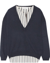 Темно-синий свитер с v-образным вырезом с украшением