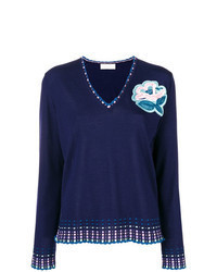 Темно-синий свитер с v-образным вырезом с цветочным принтом