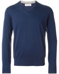 Мужской темно-синий свитер с v-образным вырезом от Brunello Cucinelli