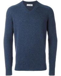 Мужской темно-синий свитер с v-образным вырезом от Brunello Cucinelli