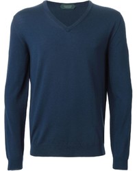 Мужской темно-синий свитер с v-образным вырезом от Zanone