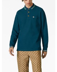 Мужской темно-синий свитер с воротником поло с вышивкой от Gucci
