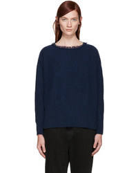 Женский темно-синий свитер с круглым вырезом c бахромой от Y's
