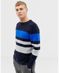 Мужской темно-синий свитер с круглым вырезом в горизонтальную полоску от Burton Menswear