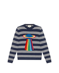 Мужской темно-синий свитер с круглым вырезом в горизонтальную полоску от Gucci