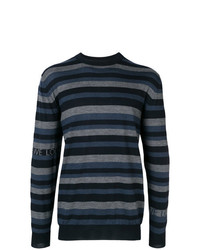 Мужской темно-синий свитер с круглым вырезом в горизонтальную полоску от Loewe