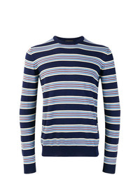 Мужской темно-синий свитер с круглым вырезом в горизонтальную полоску от Prada