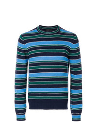 Мужской темно-синий свитер с круглым вырезом в горизонтальную полоску от Prada