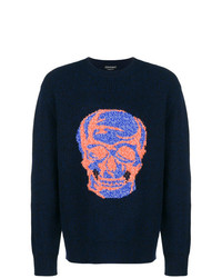 Мужской темно-синий свитер с круглым вырезом с вышивкой от Alexander McQueen