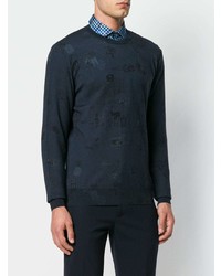 Мужской темно-синий свитер с круглым вырезом с вышивкой от Etro