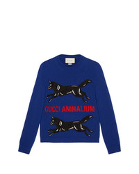 Мужской темно-синий свитер с круглым вырезом с вышивкой от Gucci