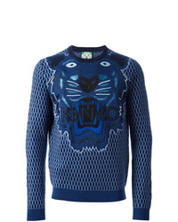 Мужской темно-синий свитер с круглым вырезом с вышивкой от Kenzo