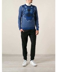 Мужской темно-синий свитер с круглым вырезом с вышивкой от Kenzo