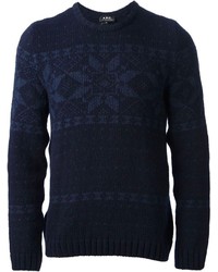 Мужской темно-синий свитер с круглым вырезом с жаккардовым узором от A.P.C.