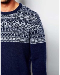 Мужской темно-синий свитер с круглым вырезом с жаккардовым узором от Asos
