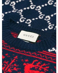 Мужской темно-синий свитер с круглым вырезом с жаккардовым узором от Gucci