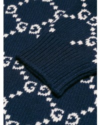 Мужской темно-синий свитер с круглым вырезом с жаккардовым узором от Gucci