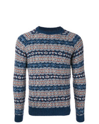 Мужской темно-синий свитер с круглым вырезом с жаккардовым узором от Lardini