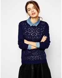 Женский темно-синий свитер с круглым вырезом с жаккардовым узором от Shae
