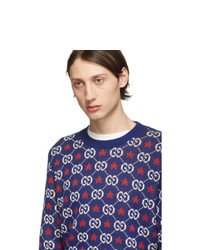 Мужской темно-синий свитер с круглым вырезом с принтом от Gucci