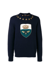 Мужской темно-синий свитер с круглым вырезом с принтом от Dolce & Gabbana